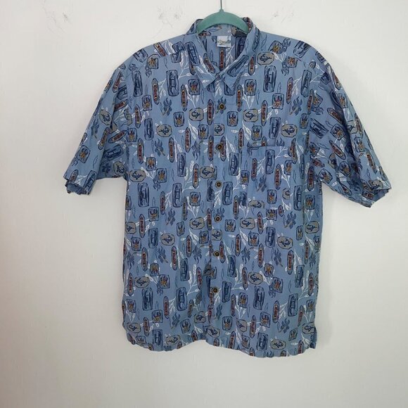 OP Sport Tiki Print Shirt Mens Size Large L Vintage Button Up Pure Cotton Blue - Picture 9 of 11